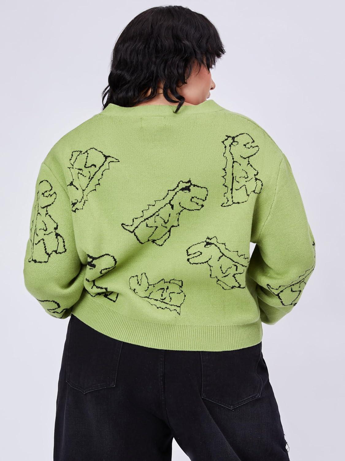 imageCIDER Womens Dinosaur Cardigan Graphic Streetwear Cute Patterned Preppy SweaterGreen