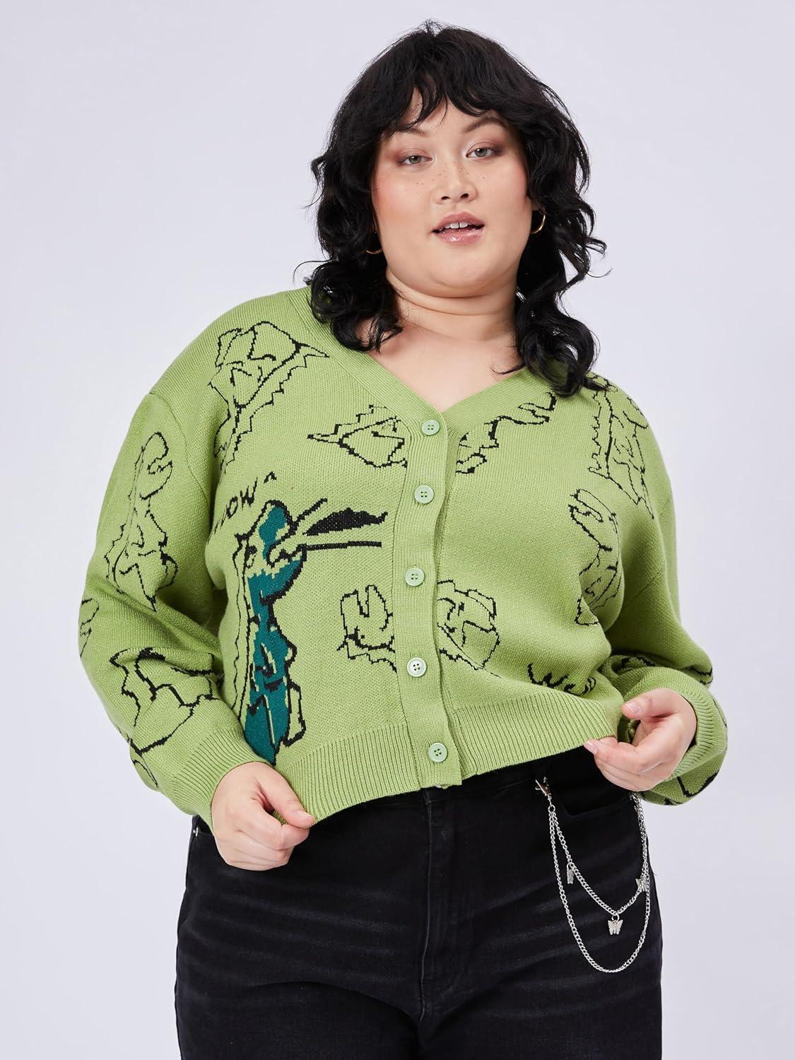 imageCIDER Womens Dinosaur Cardigan Graphic Streetwear Cute Patterned Preppy SweaterGreen