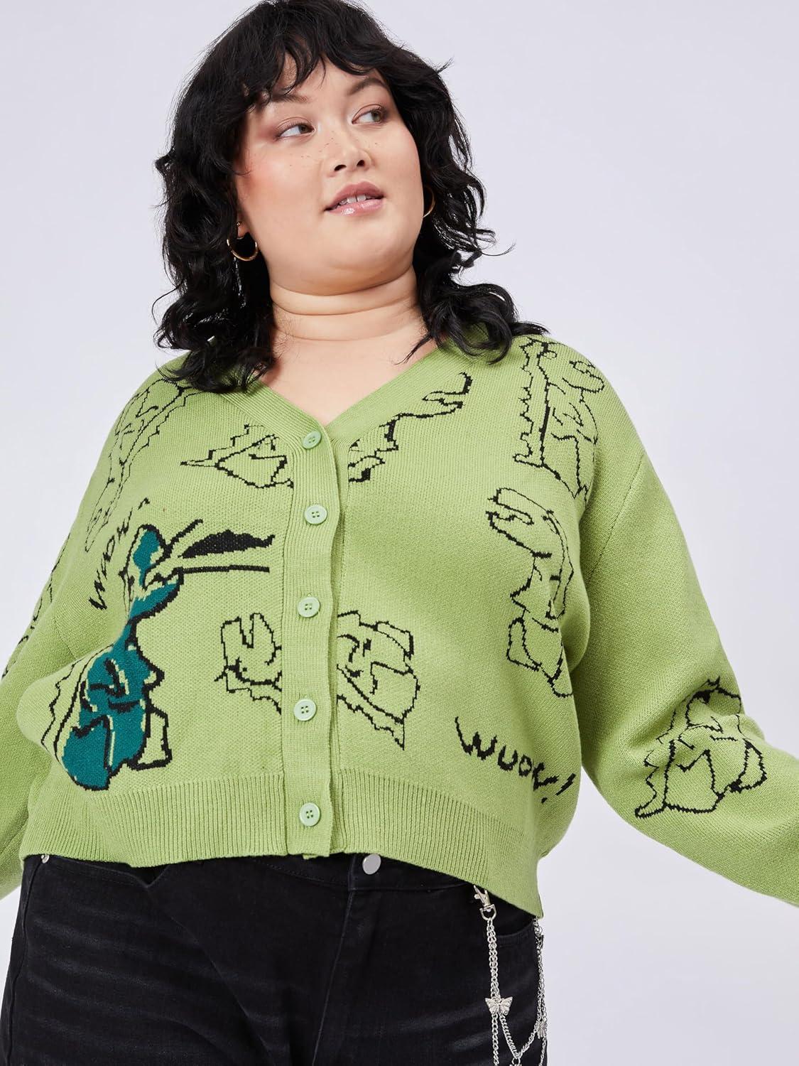 imageCIDER Womens Dinosaur Cardigan Graphic Streetwear Cute Patterned Preppy SweaterGreen