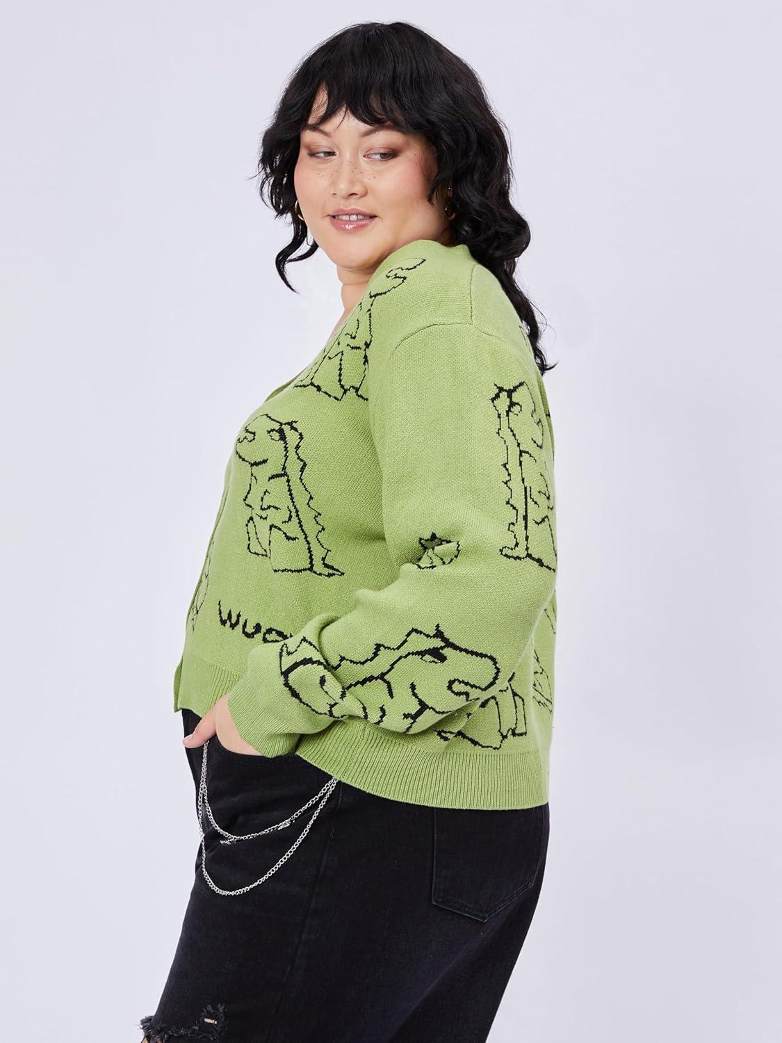 imageCIDER Womens Dinosaur Cardigan Graphic Streetwear Cute Patterned Preppy SweaterGreen