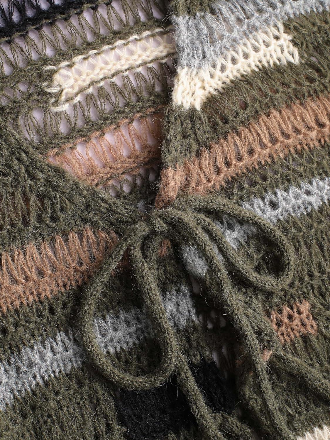 imageCIDER WoolBlend Knit Striped Tie CardiganOlive Green