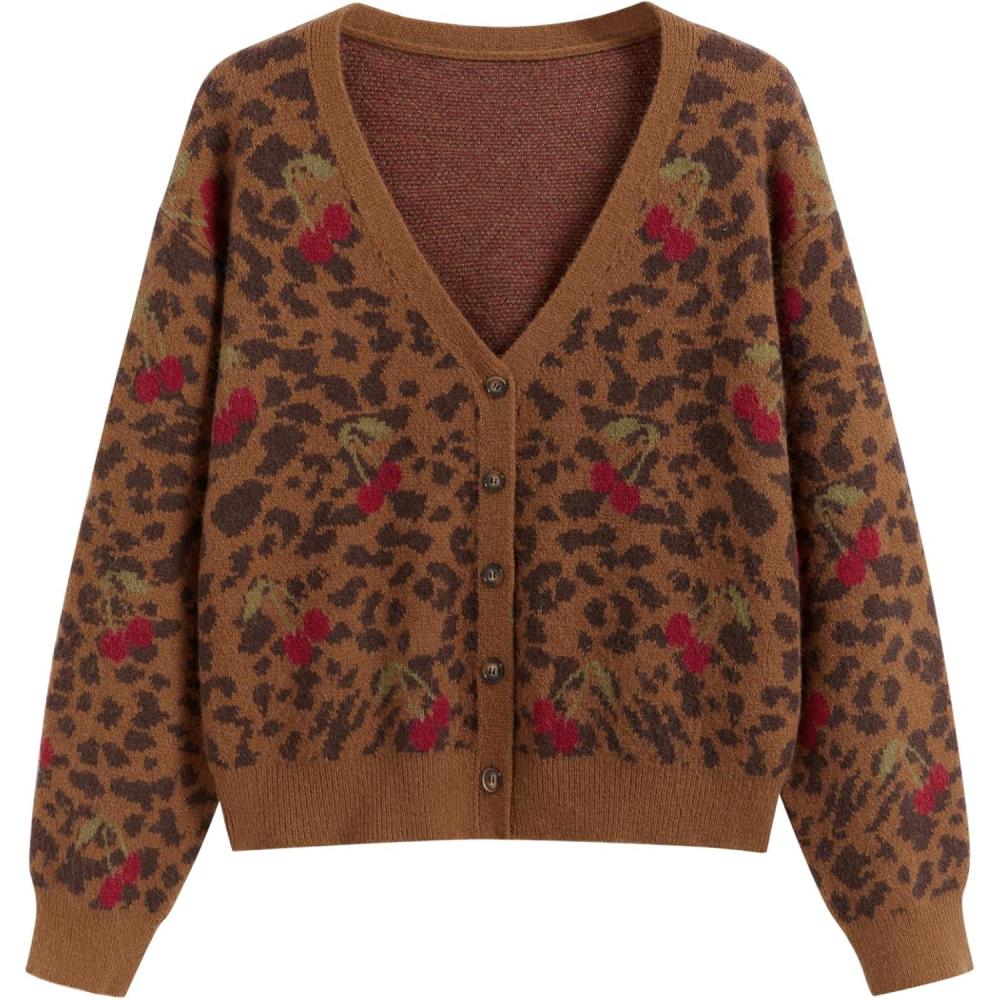imageCIDER Jacquard VNeck Leopard Cherry Button Long Sleeve Sweater Curve ampamp PlusBrown