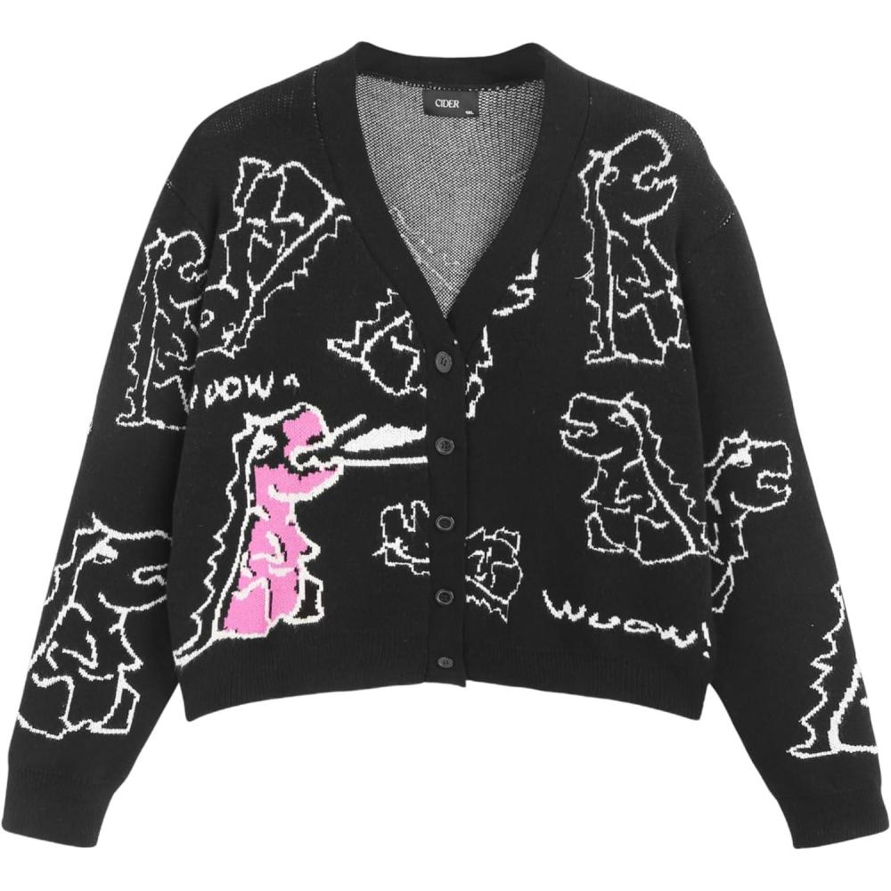 imageCIDER Womens Dinosaur Cardigan Graphic Streetwear Cute Patterned Preppy SweaterBlack