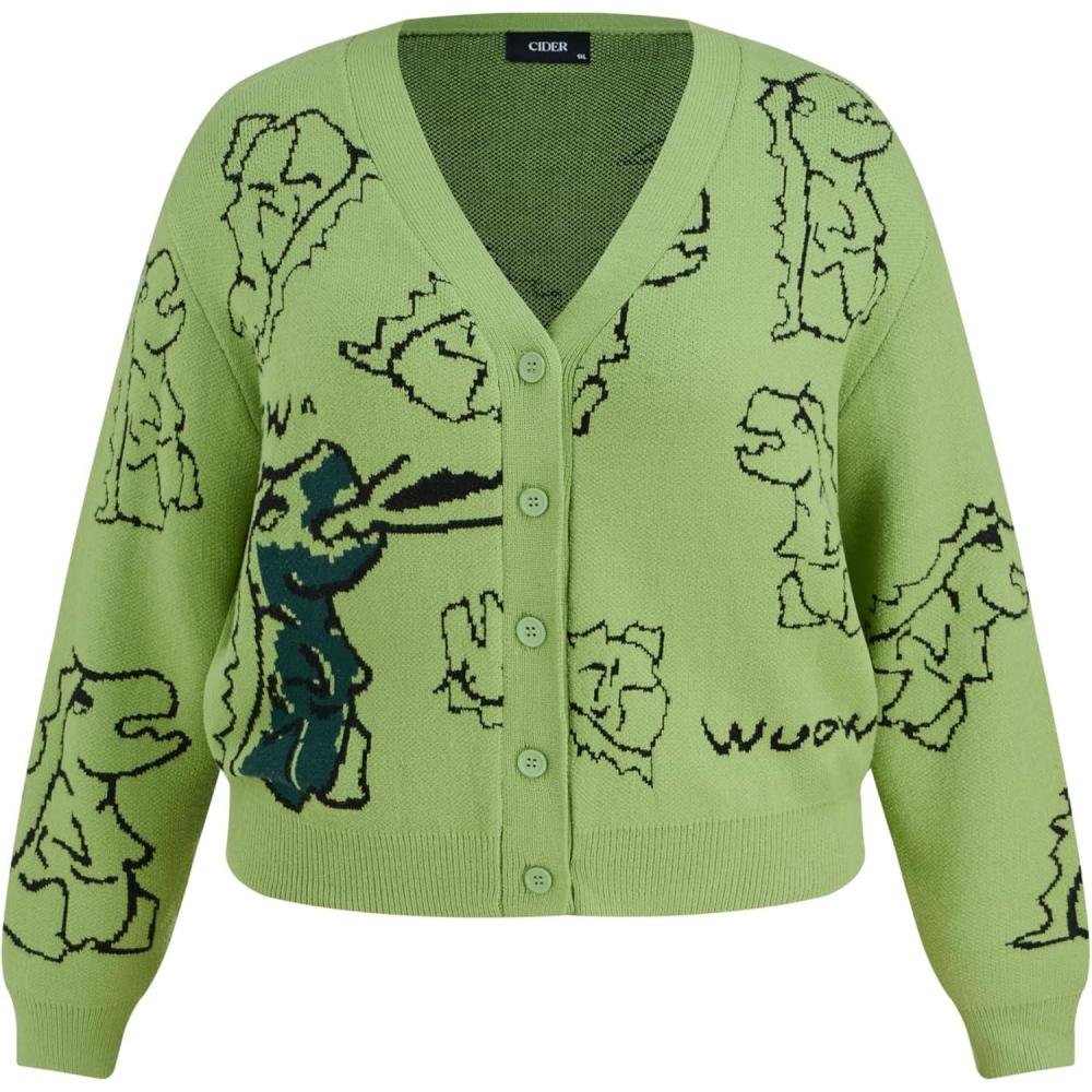 imageCIDER Womens Dinosaur Cardigan Graphic Streetwear Cute Patterned Preppy SweaterGreen