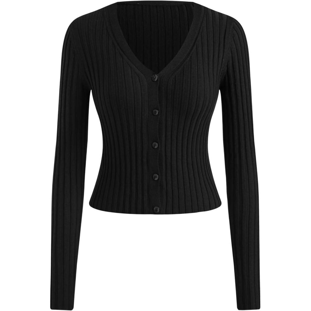 imageCIDER Womens WoolBlend VNeck Solid Button Down Long Sleeve Knit Cardigan Sweater TopsBlack
