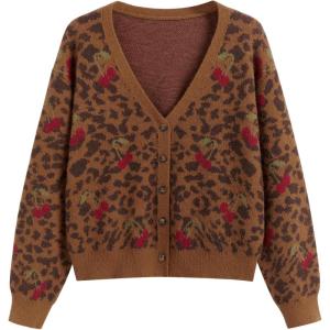 CIDER Jacquard V-Neck Leopard Cherry Button Long Sleeve Sweater Curve & Plus(Brown)