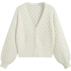 CIDER Knit V-Neck Solid Hollow Out Button Cardigan Curve & Plus(Cream)