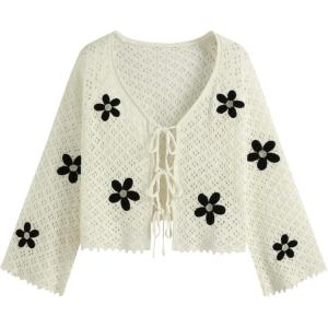 CIDER Knitted V-Neck Floral Knotted Hollow Out Cardigan Curve & Plus(White)