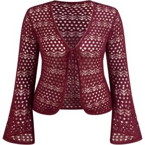 CIDER Knitted V-Neck Hollow Out Knotted Long Sleeve Top Curve & Plus(Wine)