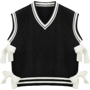 CIDER V-Neck Contrast Binding Bowknot Knitted Vest Curve & Plus(Black)