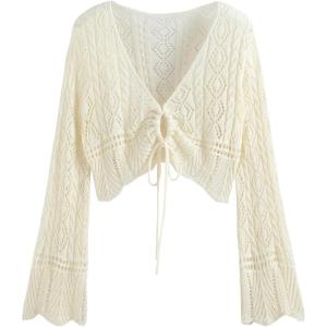 CIDER Women’s V Neck Cropped Sweater Cardigan with Bell Sleeves and Bow Tie Trendy Curve Cardigans Plus Size(Beige)