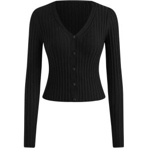 CIDER Women’s Wool-Blend V-Neck Solid Button Down Long Sleeve Knit Cardigan Sweater Tops(Black)