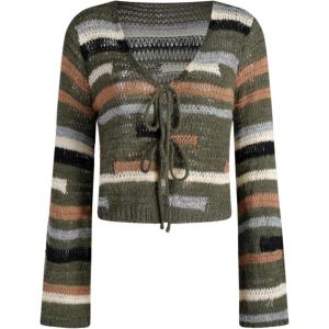 CIDER Wool-Blend Knit Striped Tie Cardigan(Olive Green)
