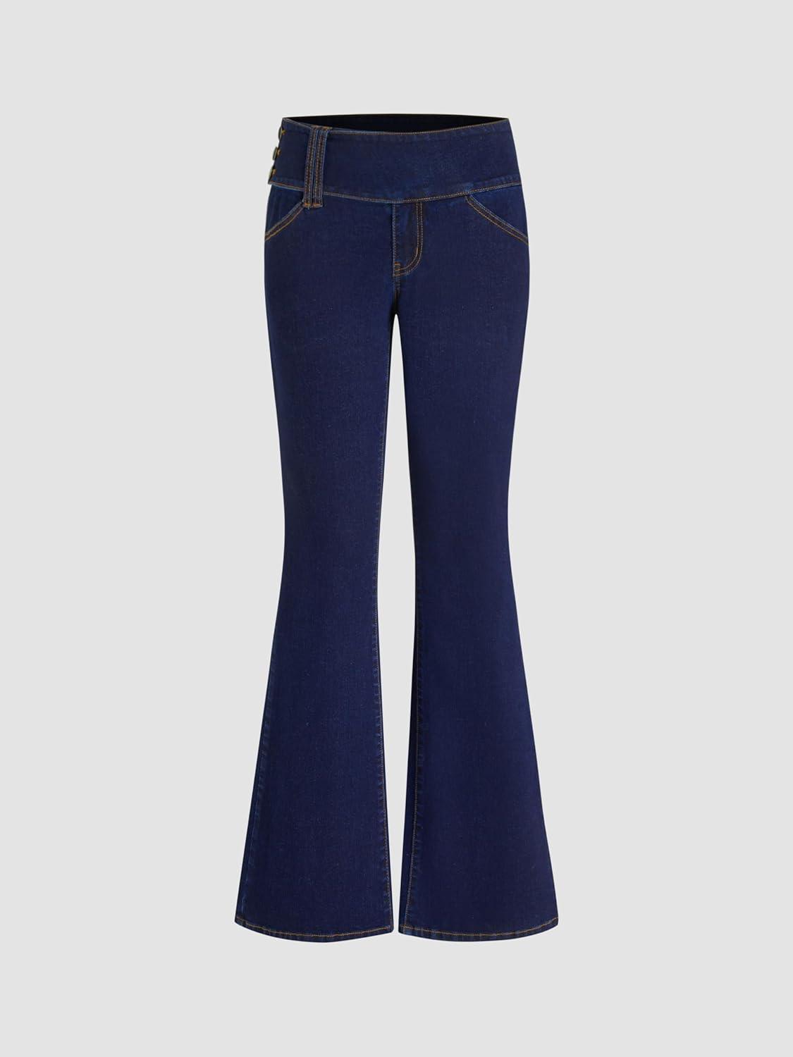 imageCIDER Bell Bottom Jeans for Women High Stretch Button Decor Denim Low Waisted Flared Jeans BootcutDark Denim