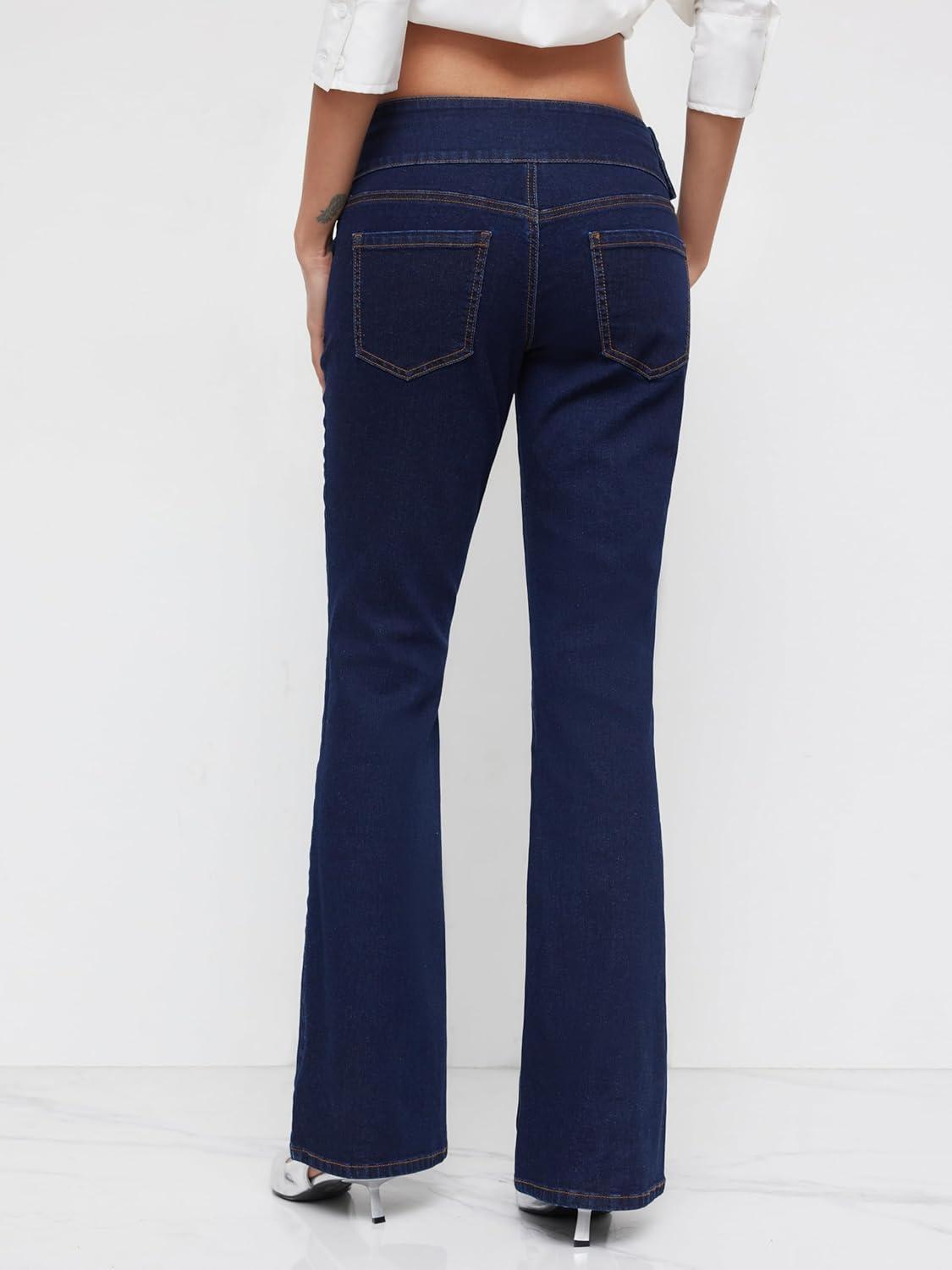 imageCIDER Bell Bottom Jeans for Women High Stretch Button Decor Denim Low Waisted Flared Jeans BootcutDark Denim