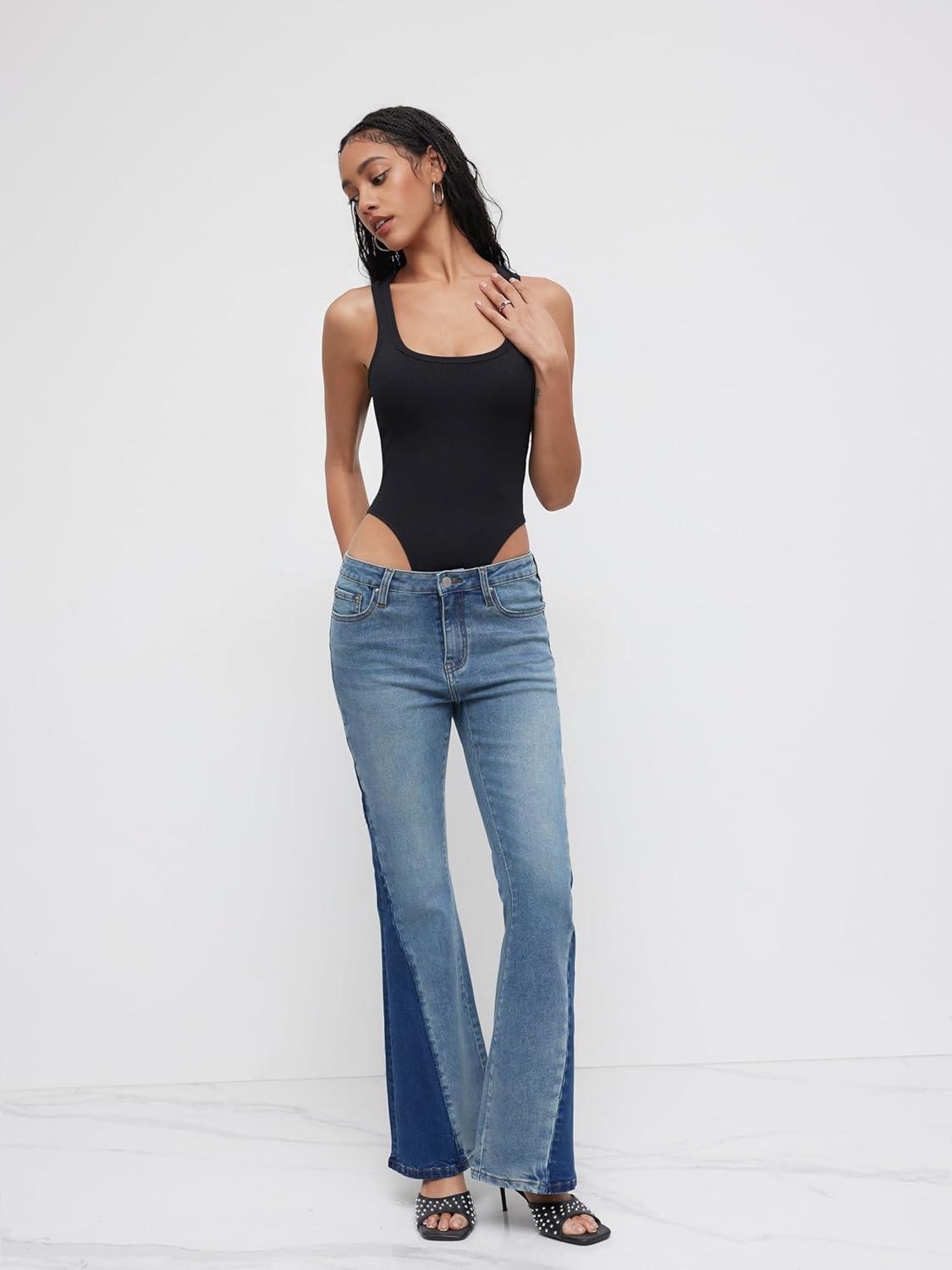 imageCIDER Flare Jeans Bell Bottoms for Women High Stretch Patched Bootcut with PocketsMid Blue