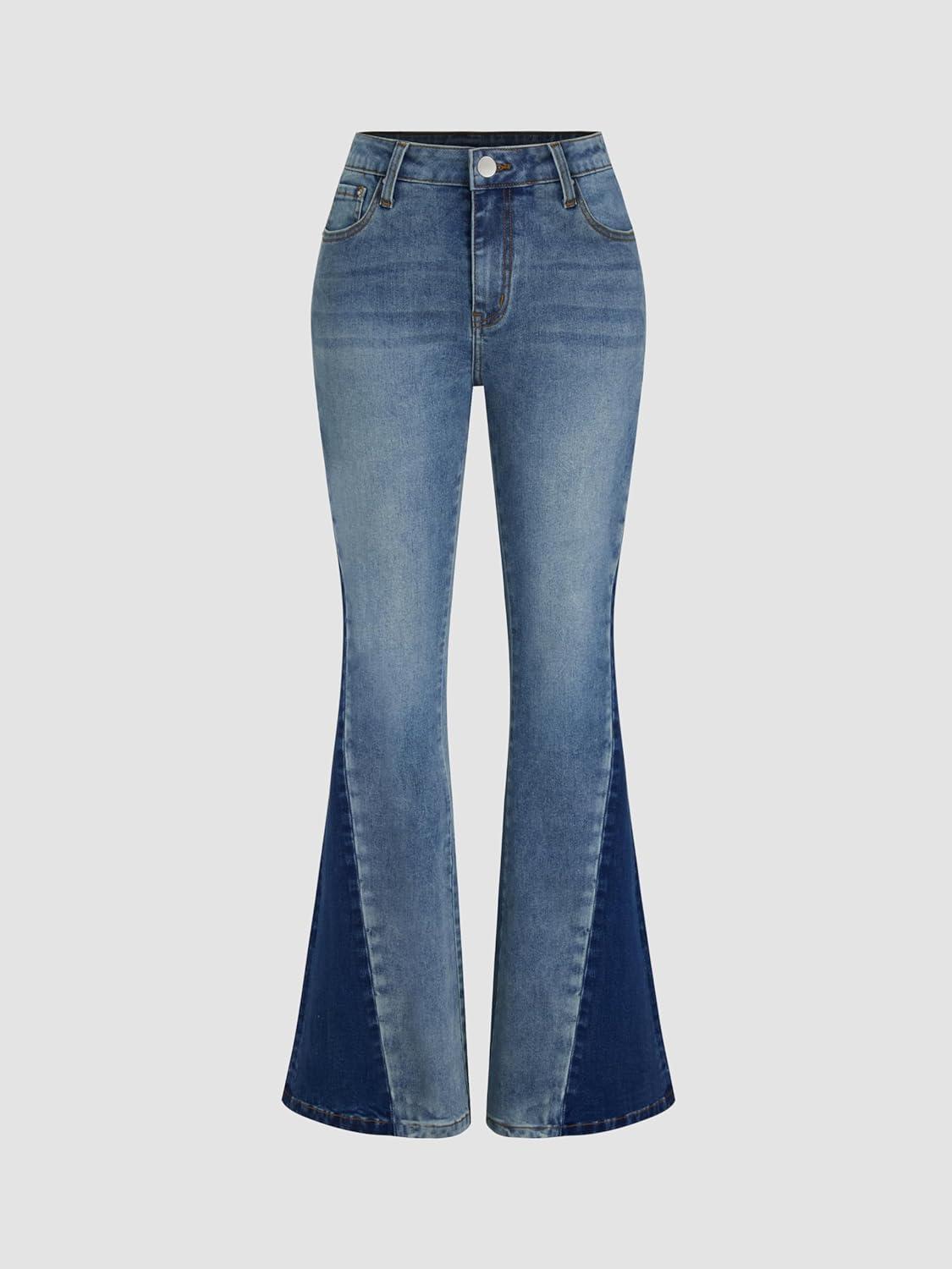 imageCIDER Flare Jeans Bell Bottoms for Women High Stretch Patched Bootcut with PocketsMid Blue