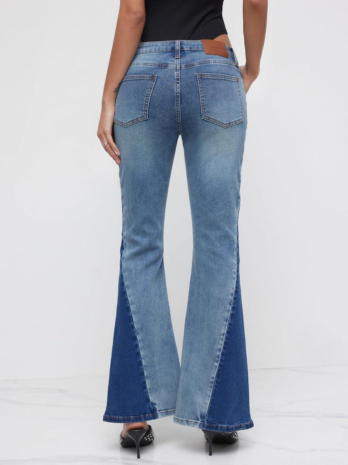 imageCIDER Flare Jeans Bell Bottoms for Women High Stretch Patched Bootcut with PocketsMid Blue