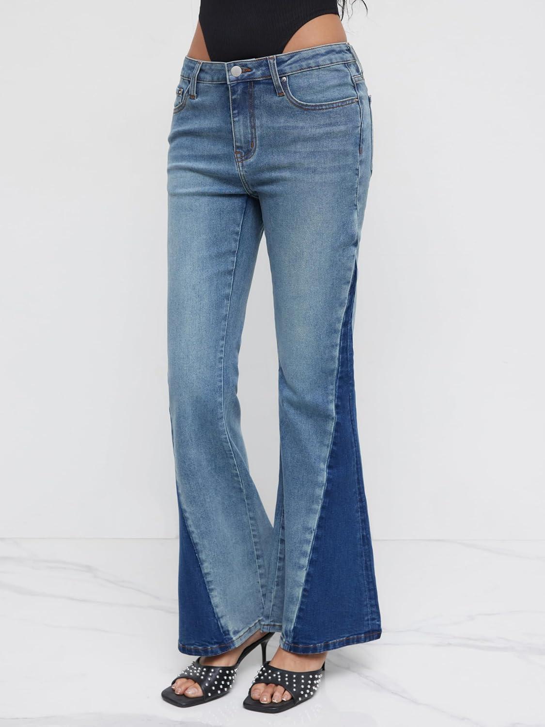imageCIDER Flare Jeans Bell Bottoms for Women High Stretch Patched Bootcut with PocketsMid Blue