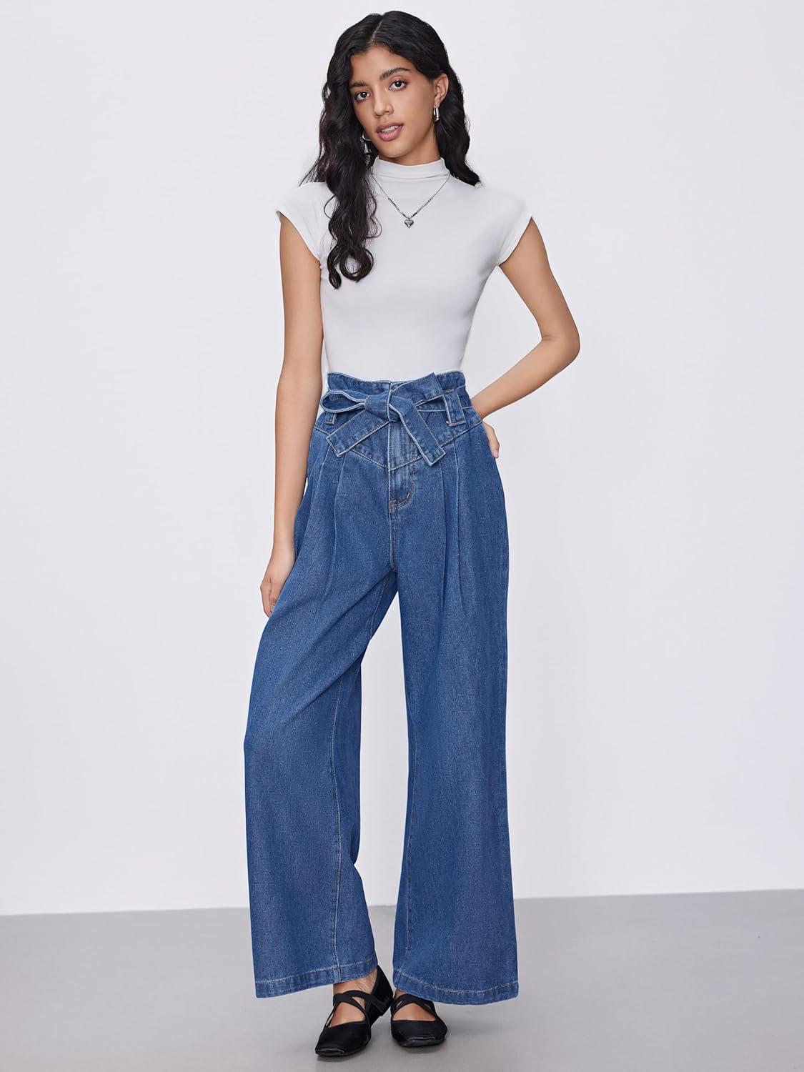 imageCIDER High Waist Solid Bowknot Wide Leg JeansDenim