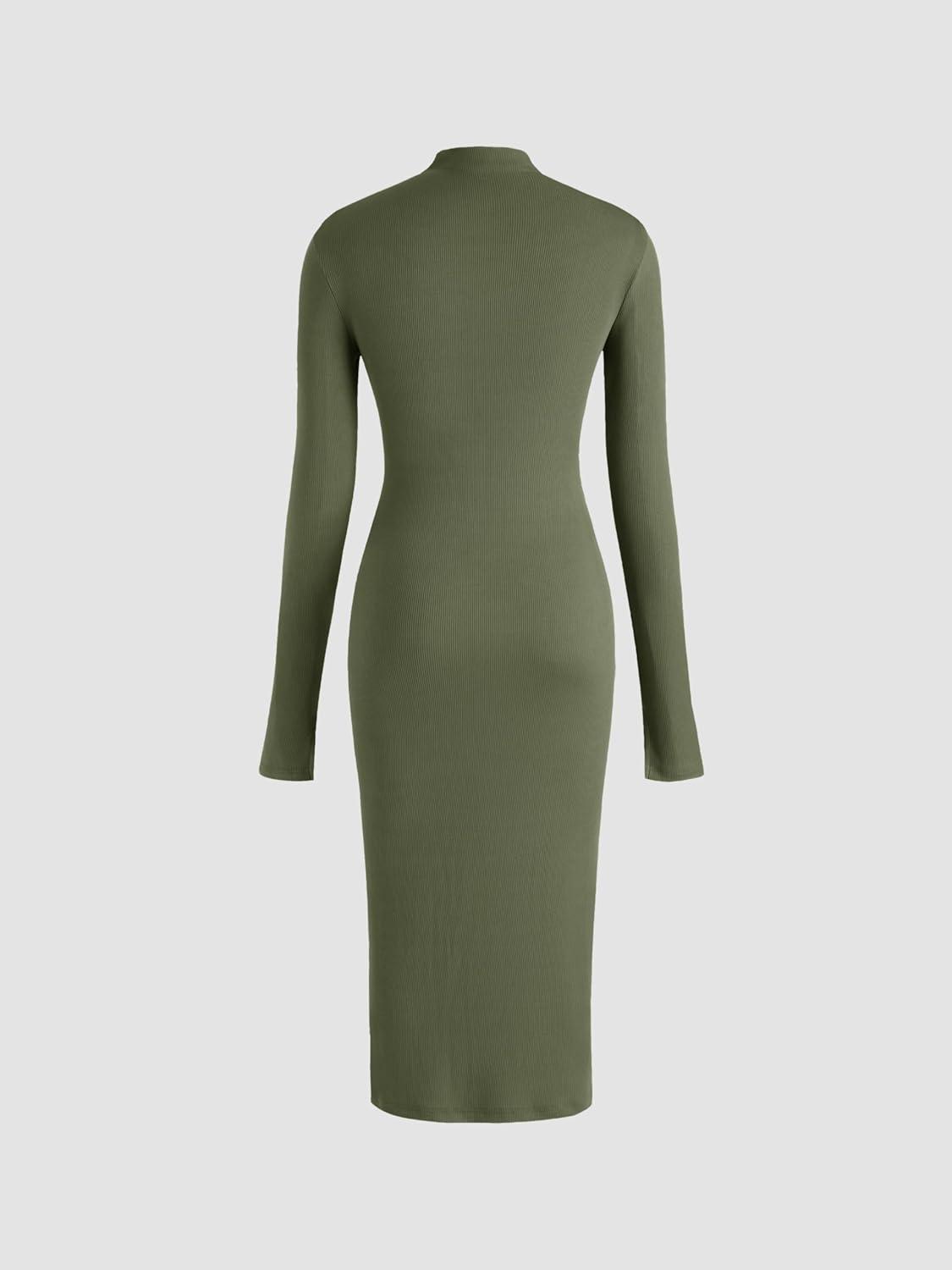 imageCIDER Long Sleeve Dress for Women High Neck Ribbed Knit Bodycon Ruched Midi Dress Cocktail Party Sweater Solid DressOlive Green