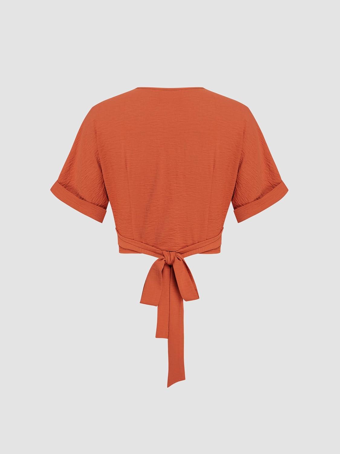 imageCIDER Miami Sunset Vacation VNeck Wrap Knotted Crop Short Sleeve TopBrown