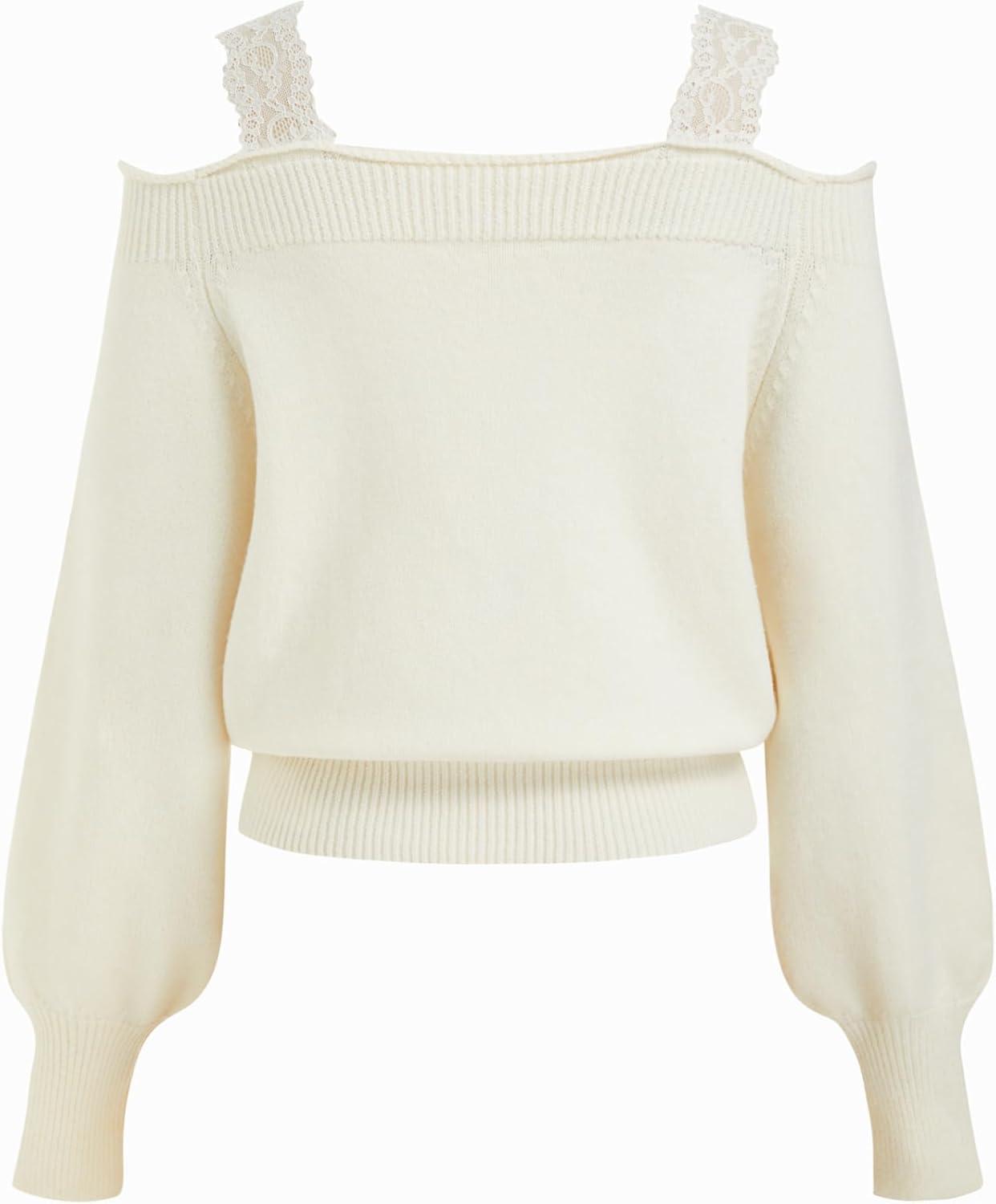 imageCIDER Off The Shoulder Sweaters for Women Lace Trim Long Sleeve Cropped Sweaters Knitted Pullover Sweater Trendy FallBeige