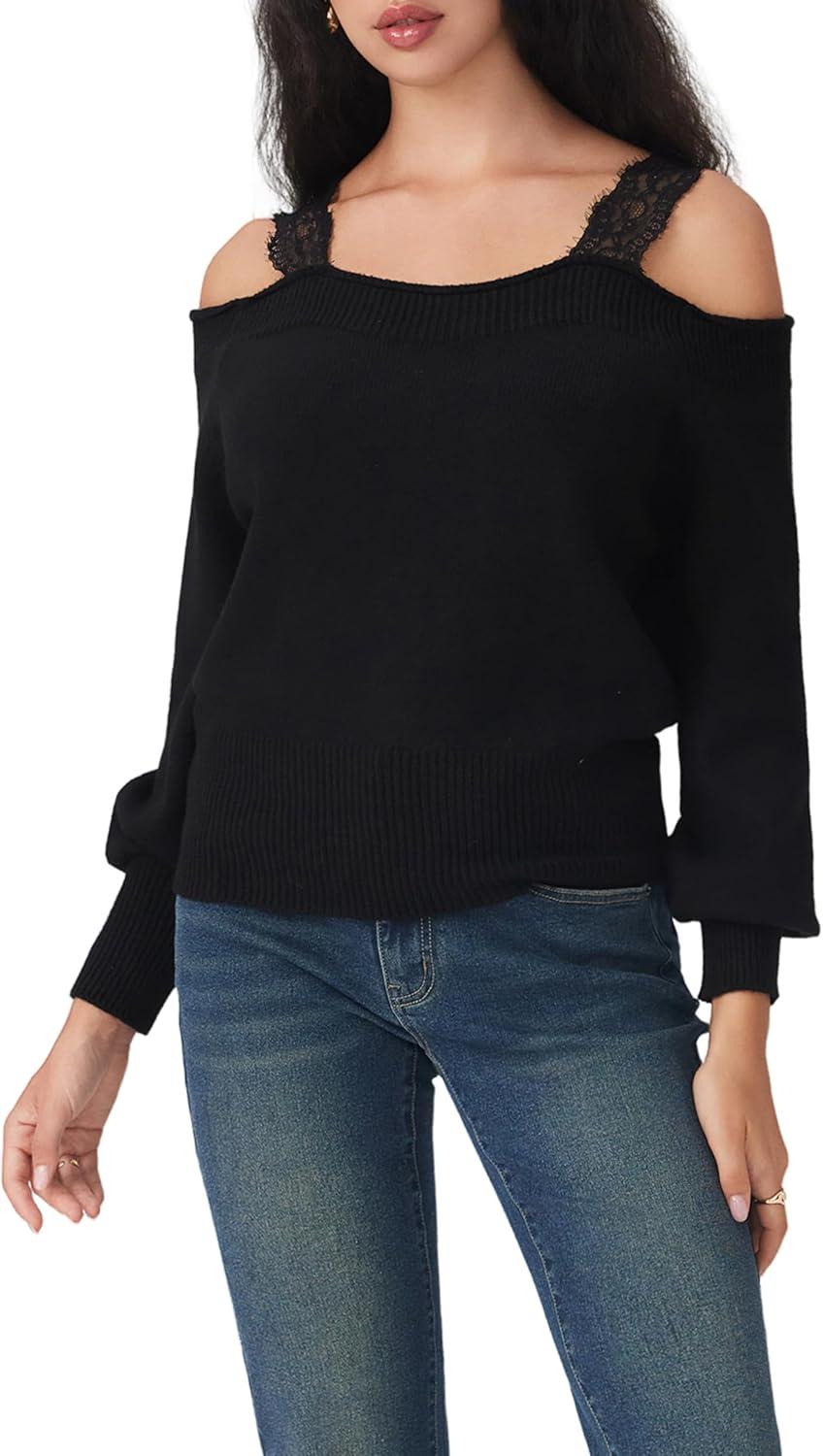 imageCIDER Off The Shoulder Sweaters for Women Lace Trim Long Sleeve Cropped Sweaters Knitted Pullover Sweater Trendy FallBlack