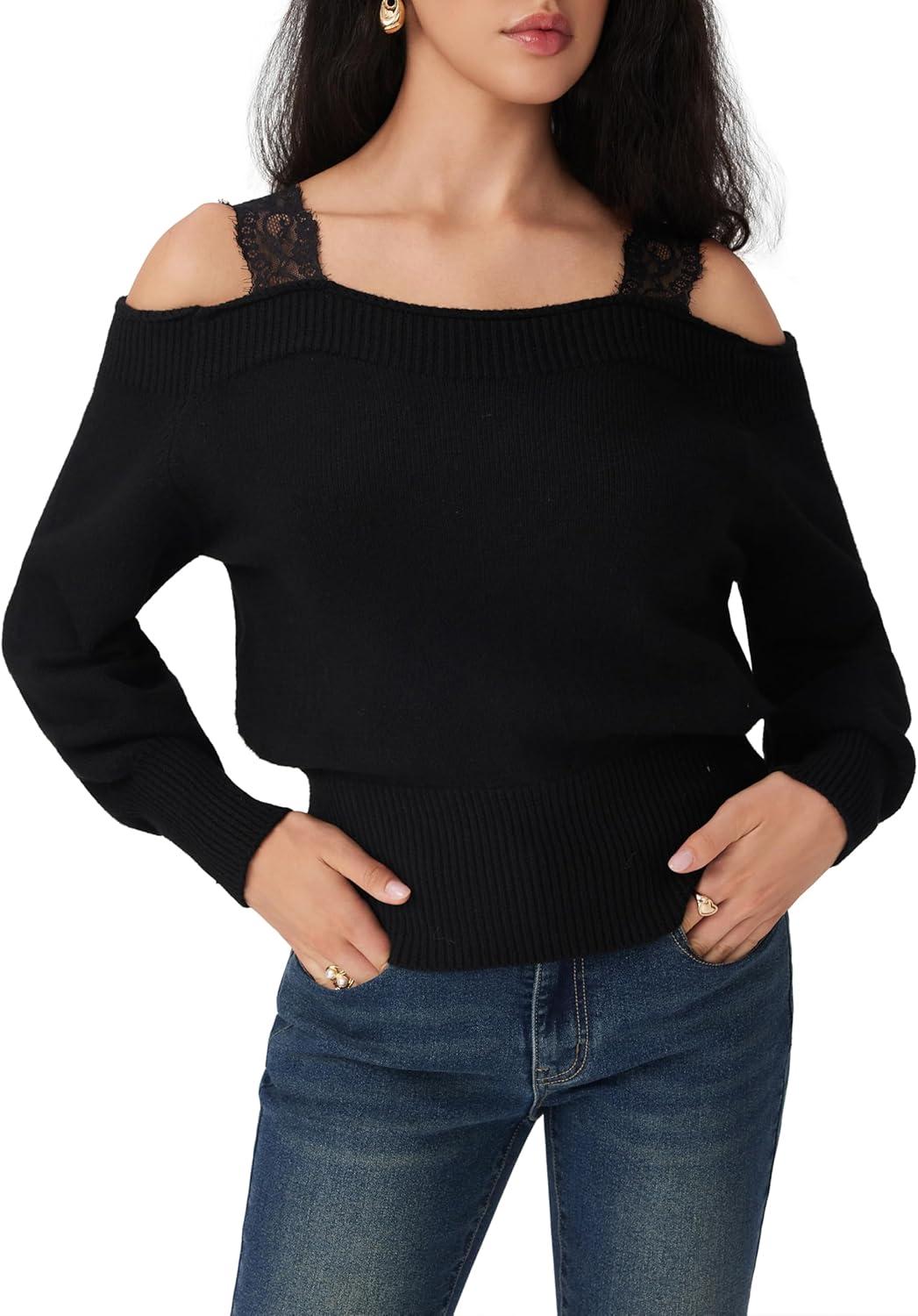 imageCIDER Off The Shoulder Sweaters for Women Lace Trim Long Sleeve Cropped Sweaters Knitted Pullover Sweater Trendy FallBlack