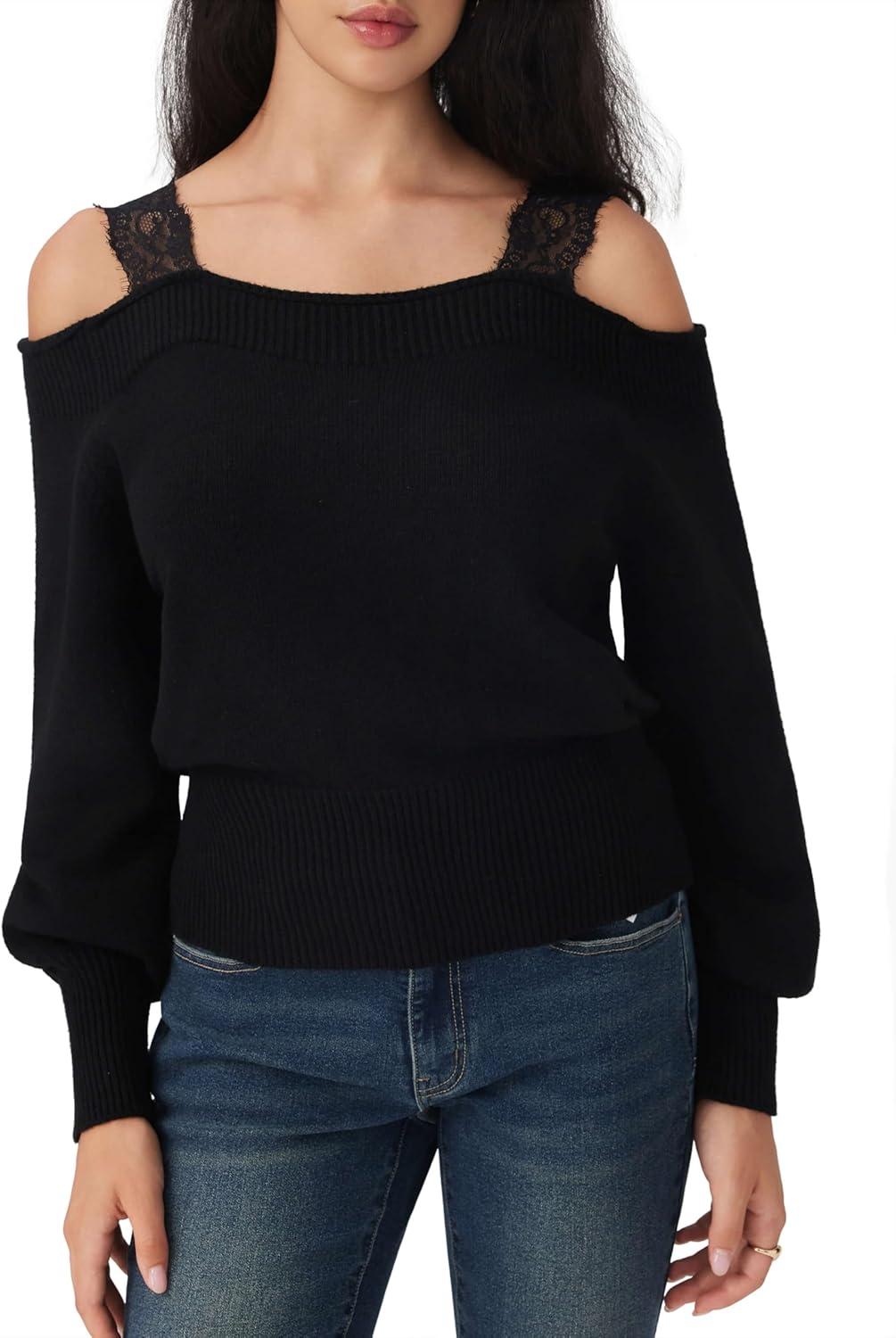 imageCIDER Off The Shoulder Sweaters for Women Lace Trim Long Sleeve Cropped Sweaters Knitted Pullover Sweater Trendy FallBlack
