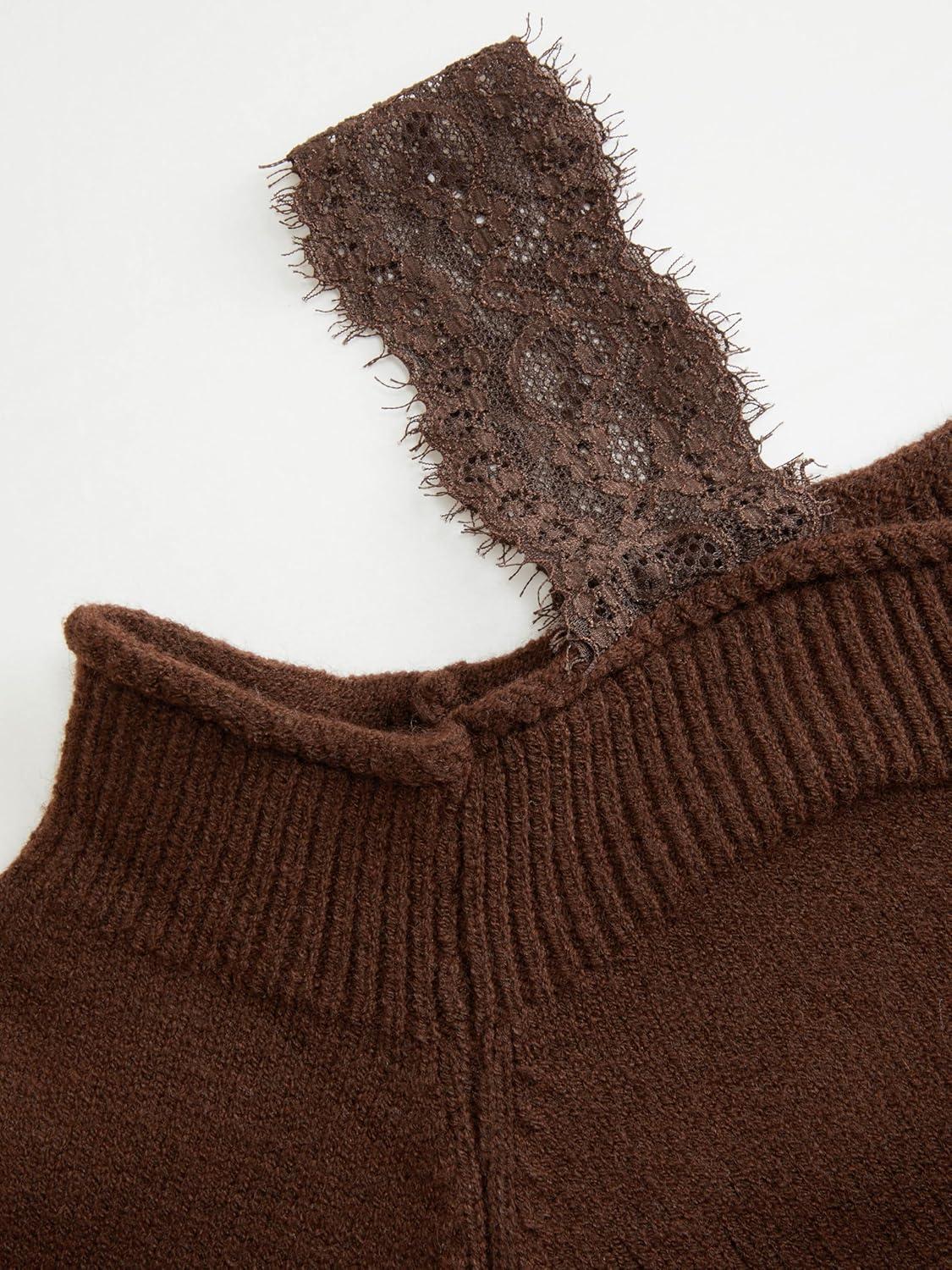 imageCIDER Off The Shoulder Sweaters for Women Lace Trim Long Sleeve Cropped Sweaters Knitted Pullover Sweater Trendy FallBrown