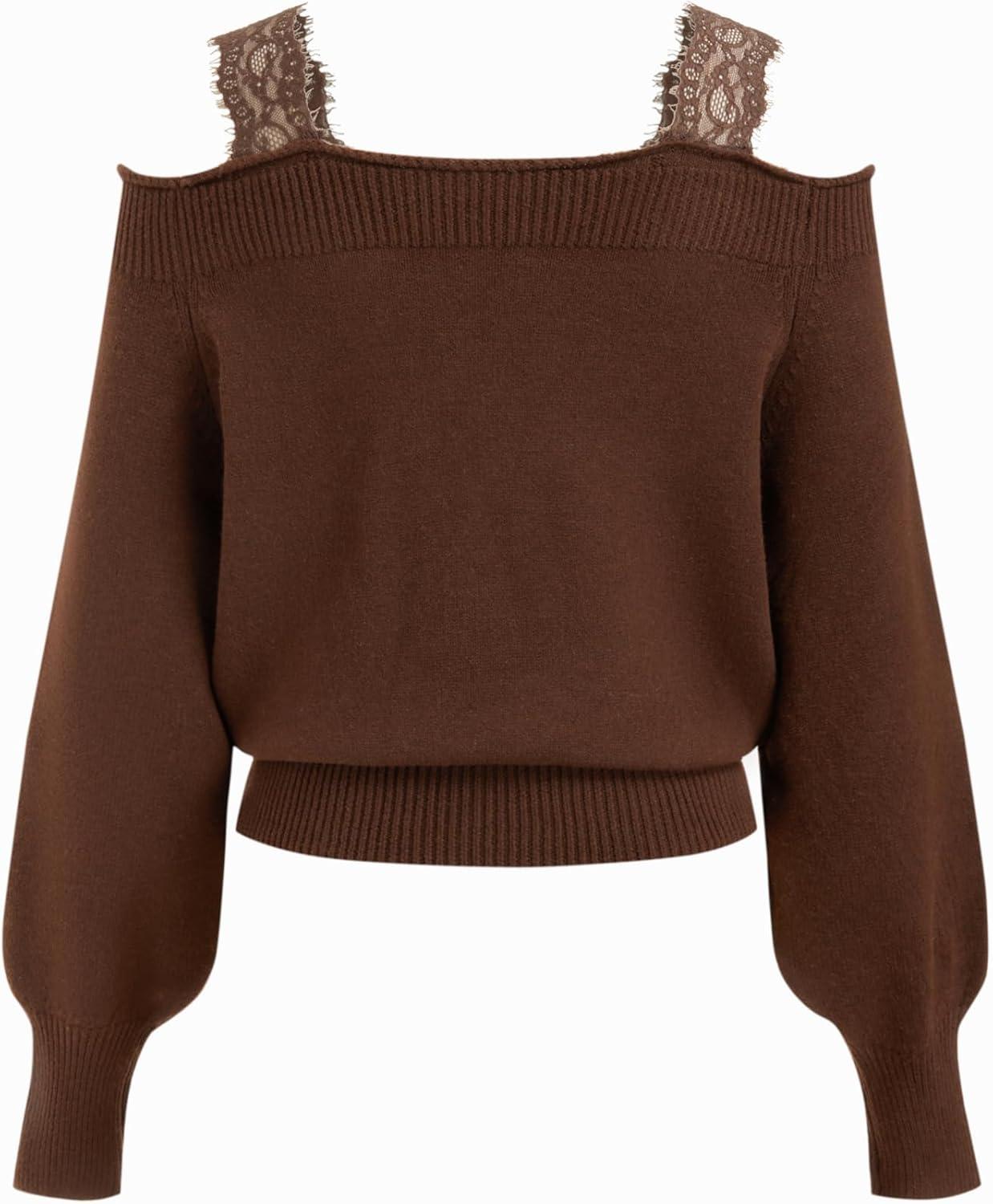 imageCIDER Off The Shoulder Sweaters for Women Lace Trim Long Sleeve Cropped Sweaters Knitted Pullover Sweater Trendy FallBrown