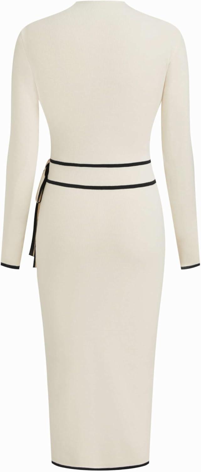 imageCIDER Sweater Dress for Women Long Sleeve Dress Mock Turtleneck Bow Tie Midi Work Dresses Old Money Dresses Fall WinterBeige