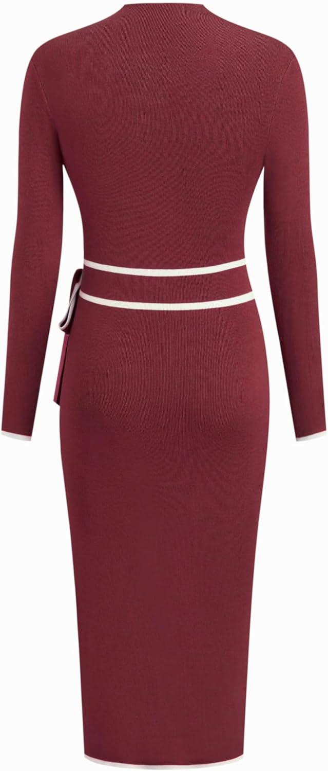 imageCIDER Sweater Dress for Women Long Sleeve Dress Mock Turtleneck Bow Tie Midi Work Dresses Old Money Dresses Fall WinterBurgundy