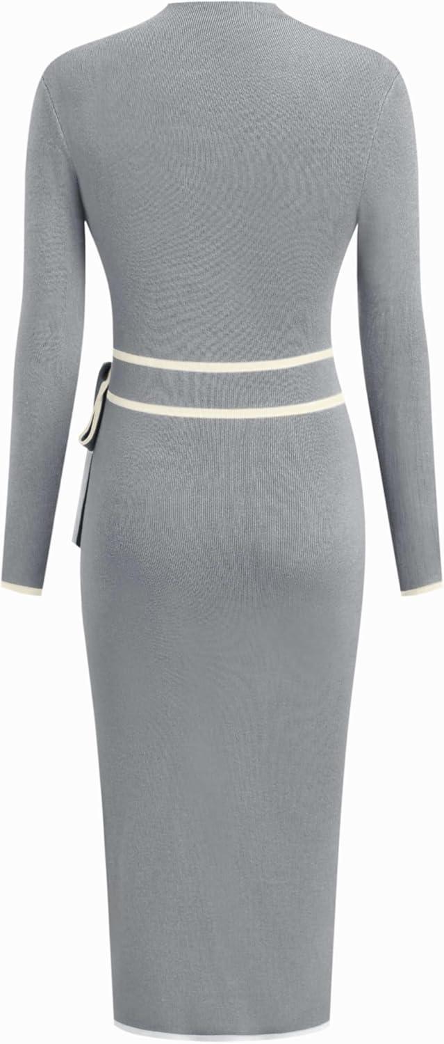 imageCIDER Sweater Dress for Women Long Sleeve Dress Mock Turtleneck Bow Tie Midi Work Dresses Old Money Dresses Fall WinterGrey
