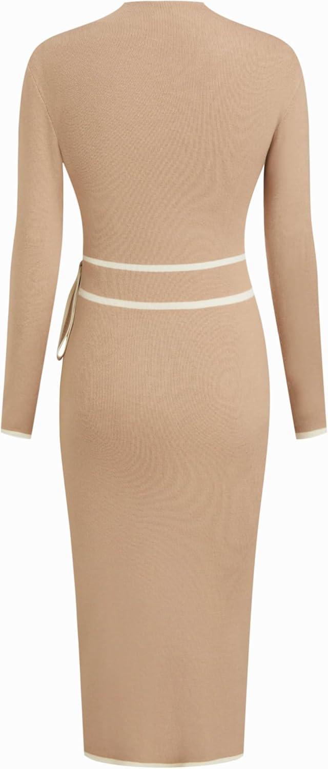 imageCIDER Sweater Dress for Women Long Sleeve Dress Mock Turtleneck Bow Tie Midi Work Dresses Old Money Dresses Fall WinterKhaki