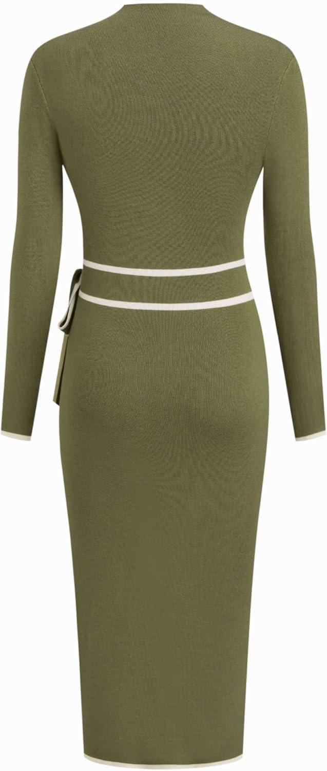 imageCIDER Sweater Dress for Women Long Sleeve Dress Mock Turtleneck Bow Tie Midi Work Dresses Old Money Dresses Fall WinterOlive Green