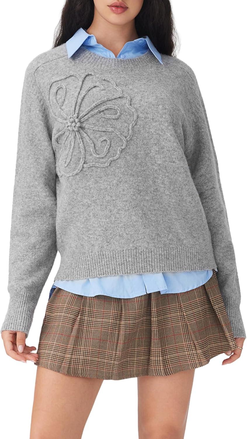 imageCIDER Womens Cute Sweater Crew Neck Long Sleeve Floral Pullover Fall Winter Sweaters Loose Fit Knit TopDark Grey