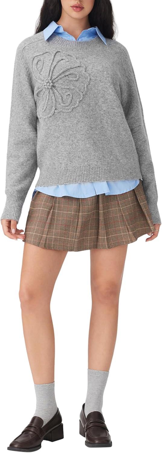 imageCIDER Womens Cute Sweater Crew Neck Long Sleeve Floral Pullover Fall Winter Sweaters Loose Fit Knit TopDark Grey