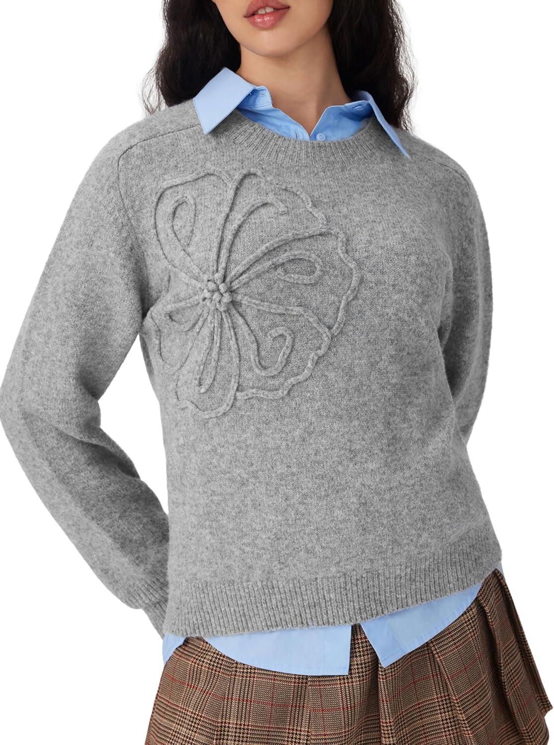 imageCIDER Womens Cute Sweater Crew Neck Long Sleeve Floral Pullover Fall Winter Sweaters Loose Fit Knit TopDark Grey