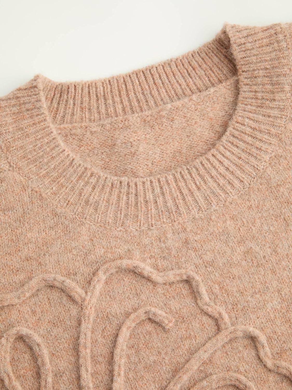 imageCIDER Womens Cute Sweater Crew Neck Long Sleeve Floral Pullover Fall Winter Sweaters Loose Fit Knit TopKhaki