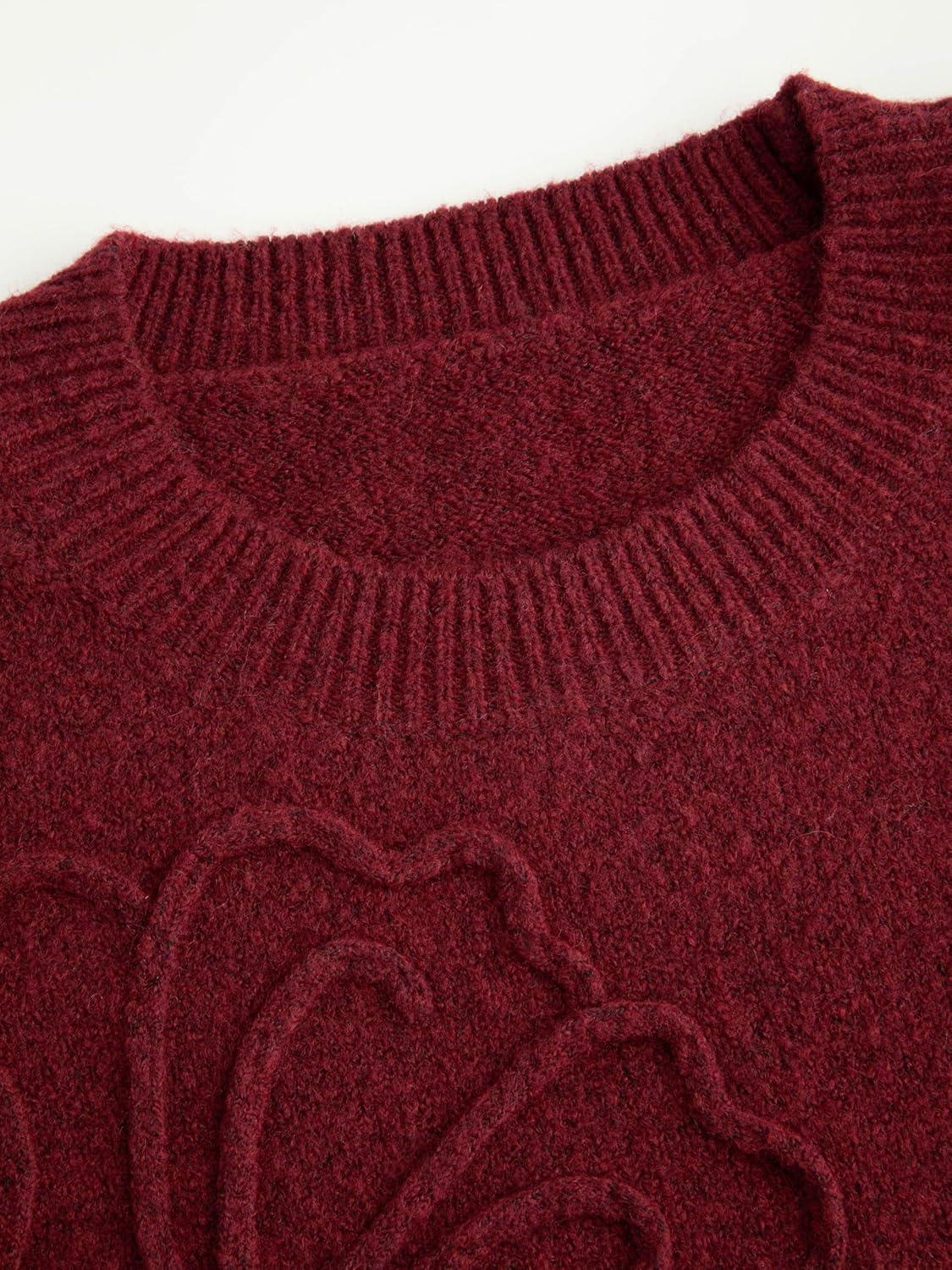 imageCIDER Womens Cute Sweater Crew Neck Long Sleeve Floral Pullover Fall Winter Sweaters Loose Fit Knit TopWine