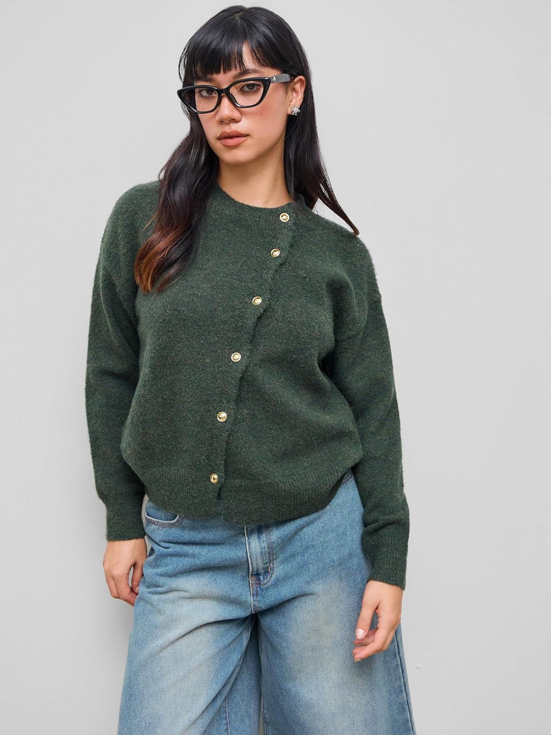 imageCIDER Womens Knit Cardigan Trendy Crew Neck Button Down Long Sleeve Cozy Fall Fashion Sweater Loose Fit Wool TopDark Green
