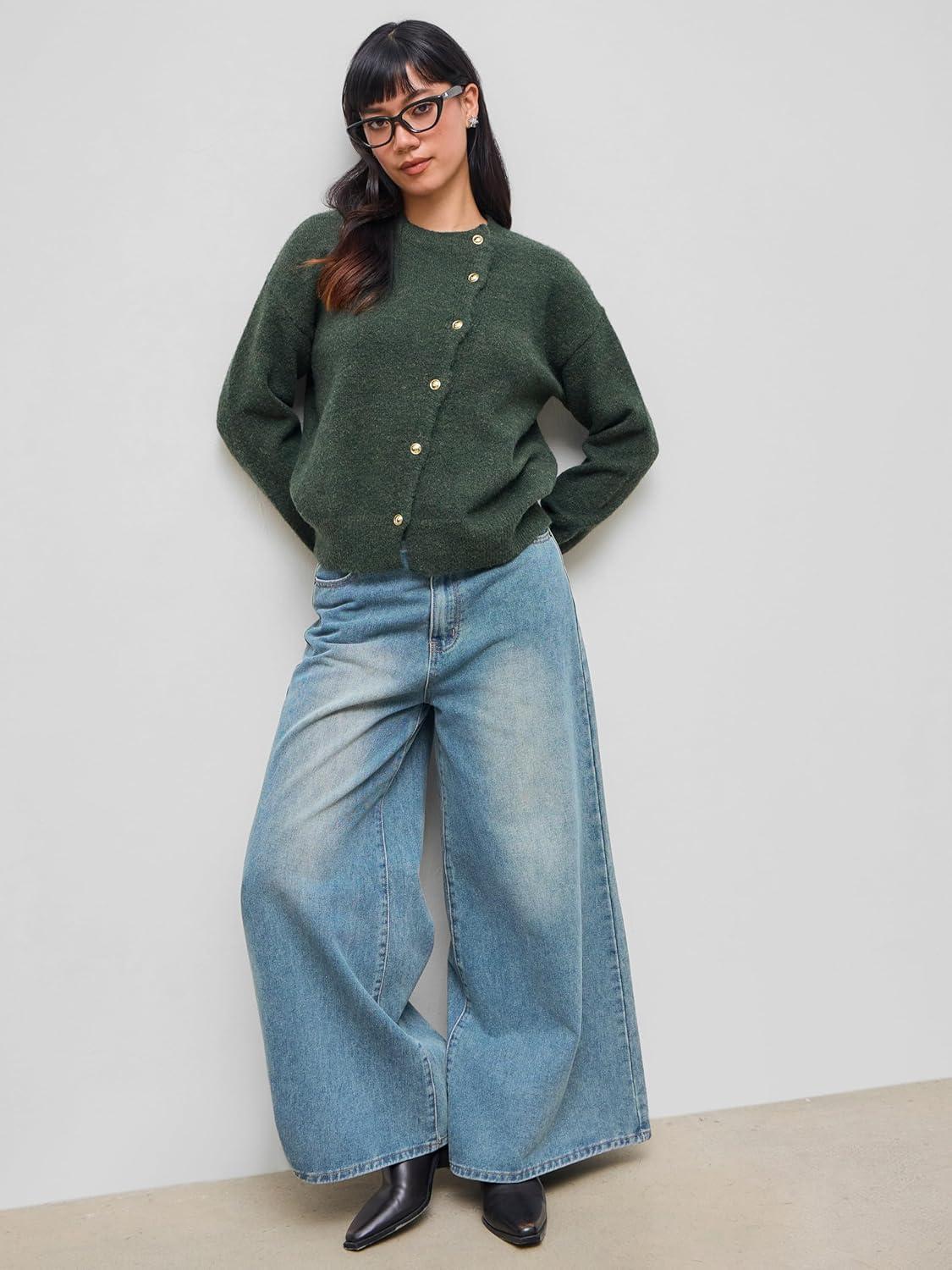 imageCIDER Womens Knit Cardigan Trendy Crew Neck Button Down Long Sleeve Cozy Fall Fashion Sweater Loose Fit Wool TopDark Green