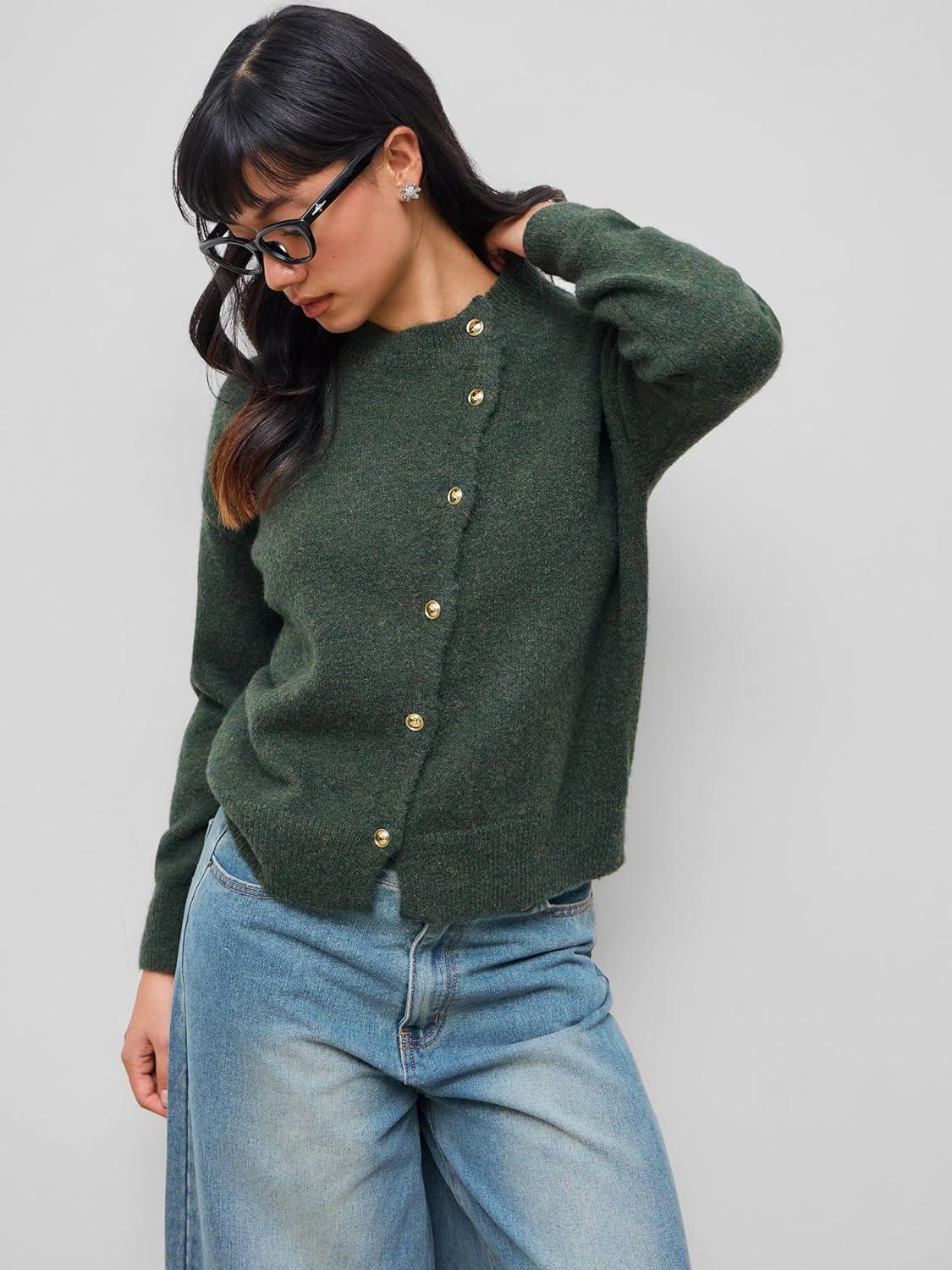 imageCIDER Womens Knit Cardigan Trendy Crew Neck Button Down Long Sleeve Cozy Fall Fashion Sweater Loose Fit Wool TopDark Green