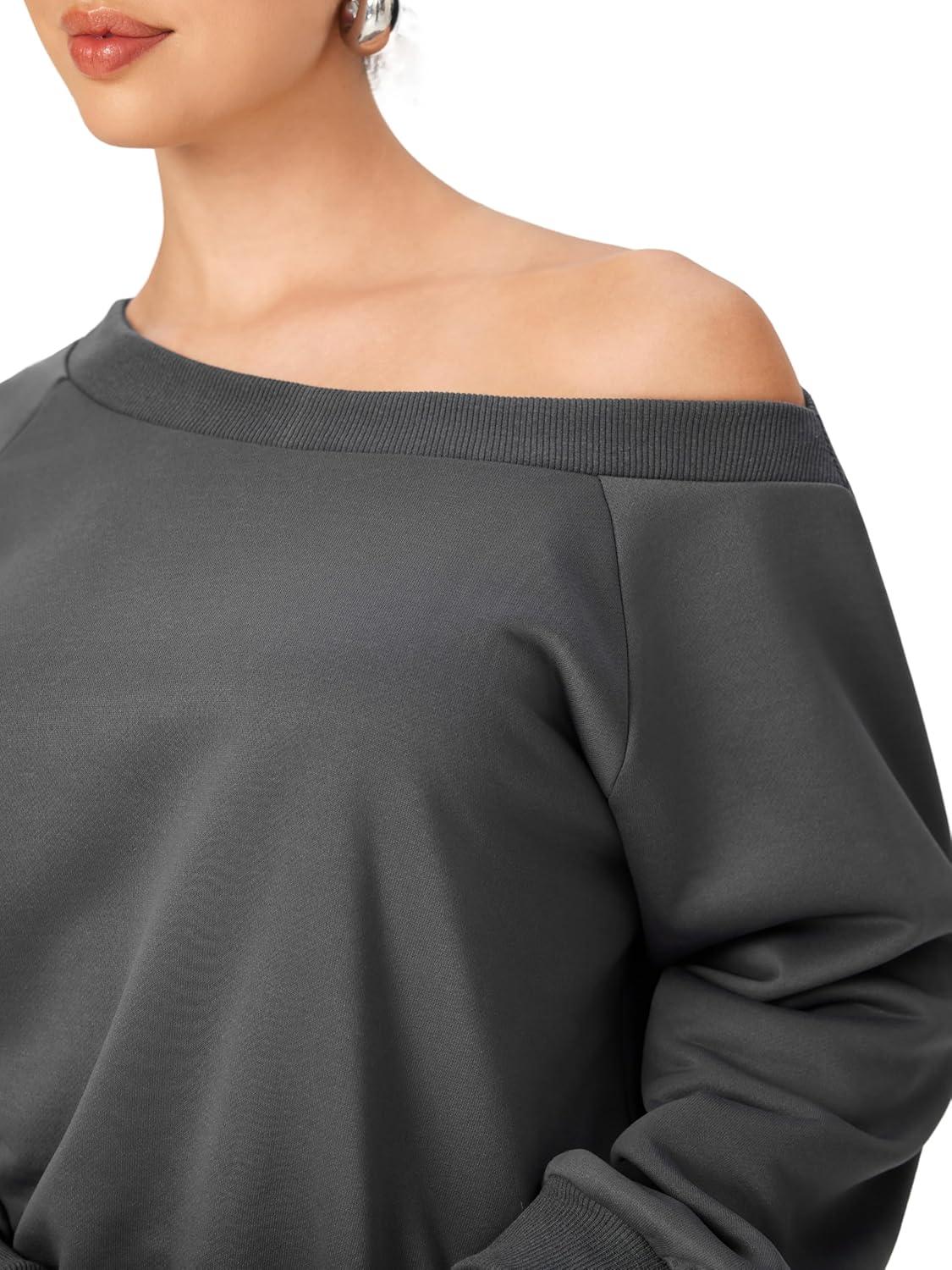 imageCIDER Womens Off Shoulder Sweatshirt Y2k Fall Fashion 2025 Long Sleeve Pullover Ruched Basic Casual Cute TopsDark Grey