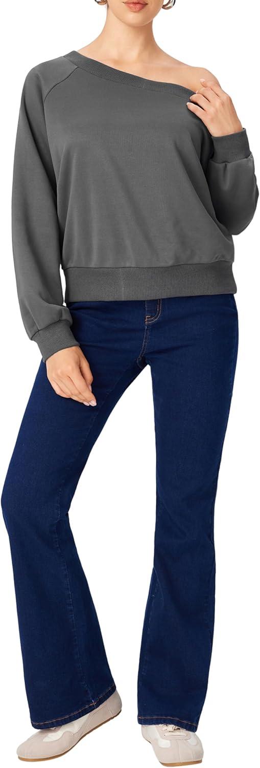 imageCIDER Womens Off Shoulder Sweatshirt Y2k Fall Fashion 2025 Long Sleeve Pullover Ruched Basic Casual Cute TopsDark Grey