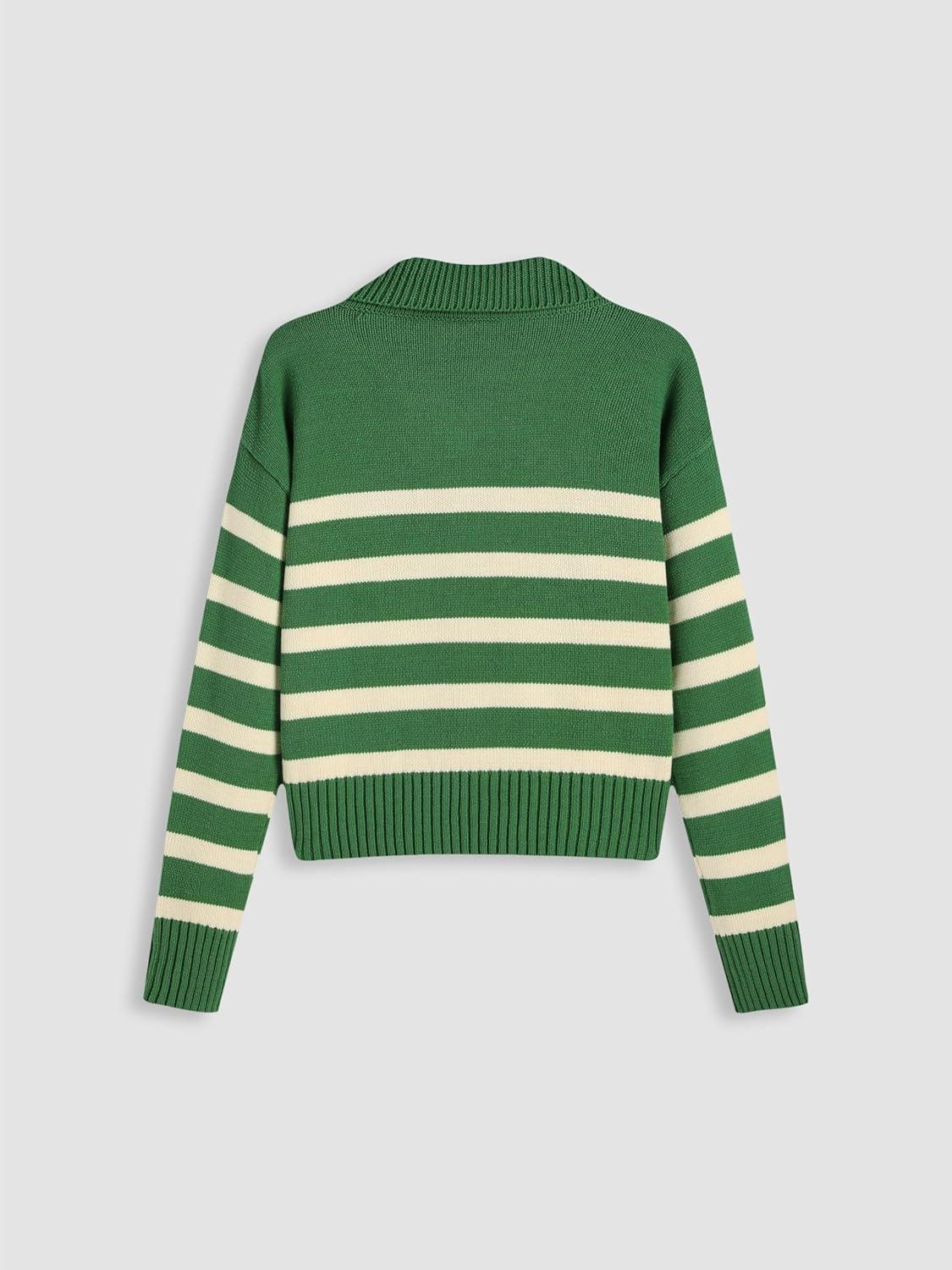 imageCIDER Womens Polo Sweater Striped Collared Lightweight Long Sleeve V Neck Pullover Fall Sweater Tops 2025Green