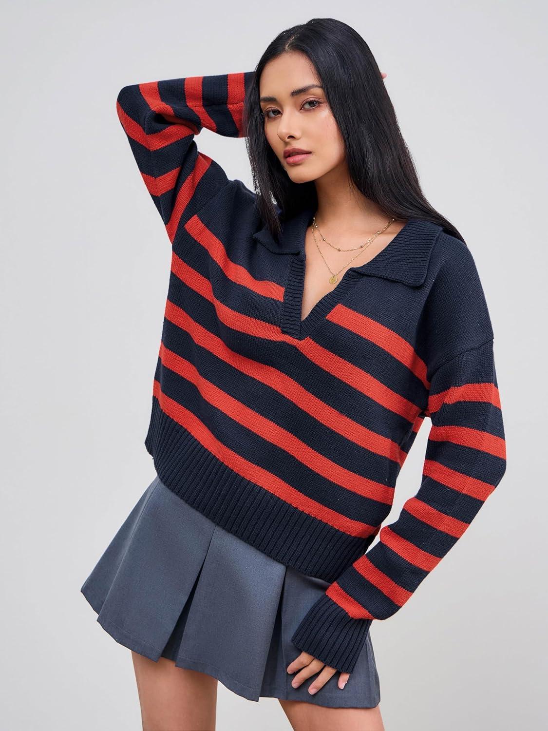 imageCIDER Womens Polo Sweater Striped Collared Lightweight Long Sleeve V Neck Pullover Fall Sweater Tops 2025Navy Blue