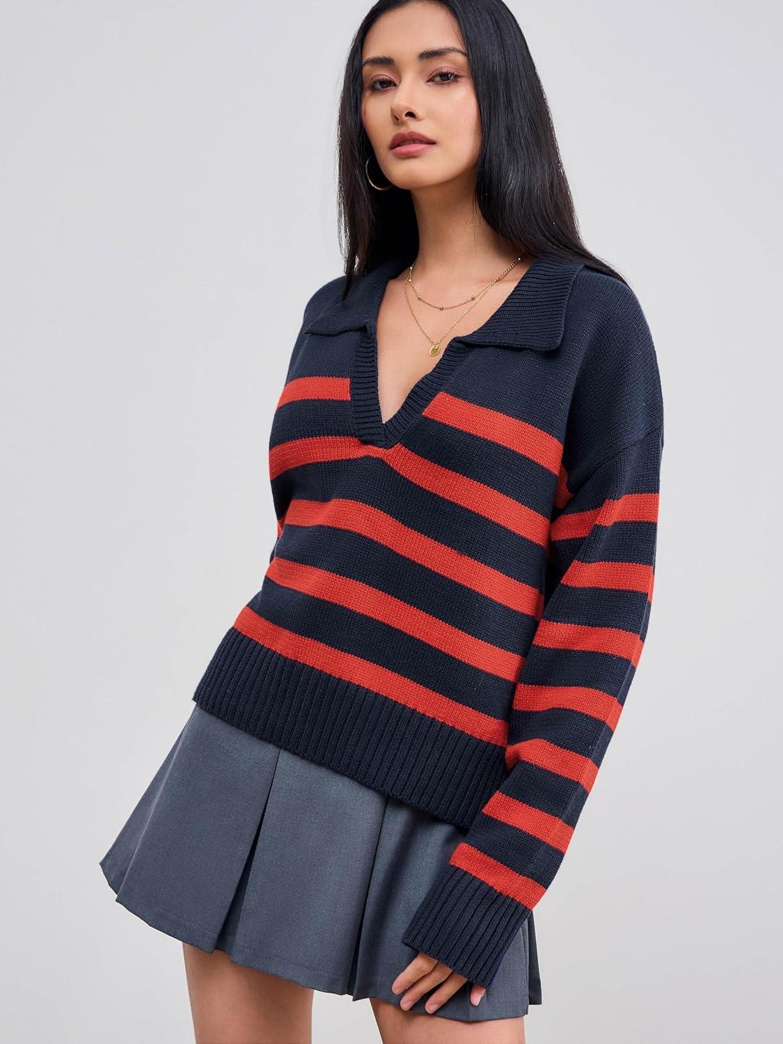 imageCIDER Womens Polo Sweater Striped Collared Lightweight Long Sleeve V Neck Pullover Fall Sweater Tops 2025Navy Blue